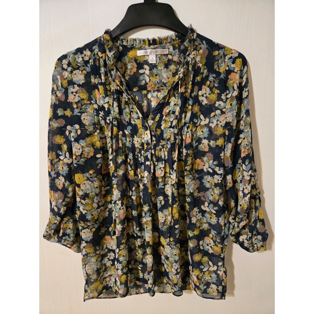 LC‎ Lauren Conrad Floral Pleated Sheer Blouse Navy Blue Green Tie Neck Small
